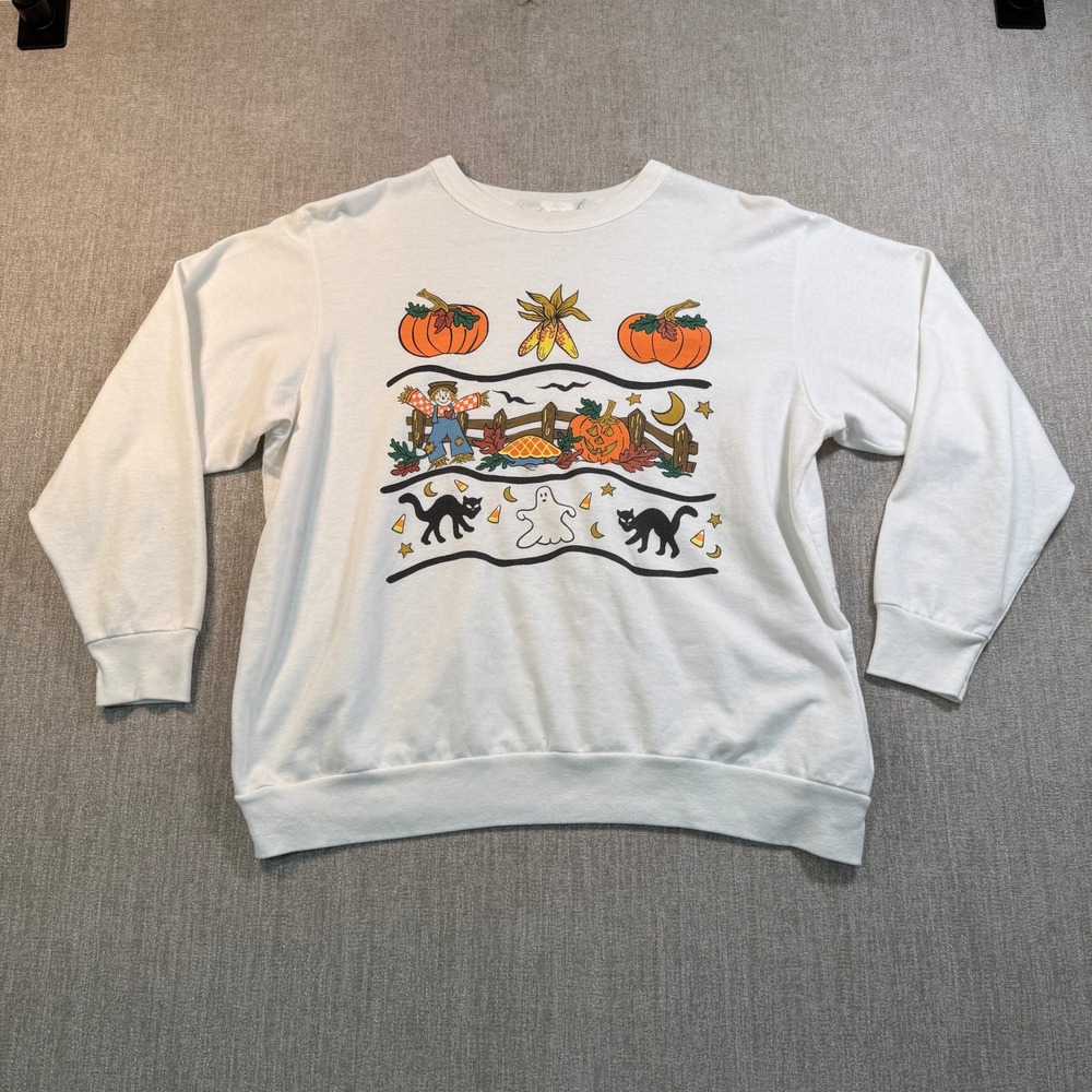 Halloween Graphic Sweatshirt White Pumpkins Ghost Black Cat Crewneck